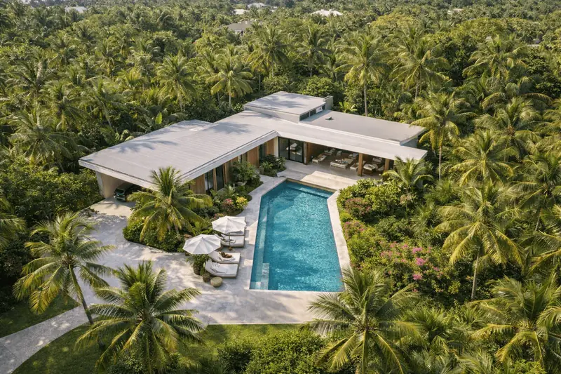 Aerial view of Maison Vero and its pool surrounded by palms, Coconut Grove